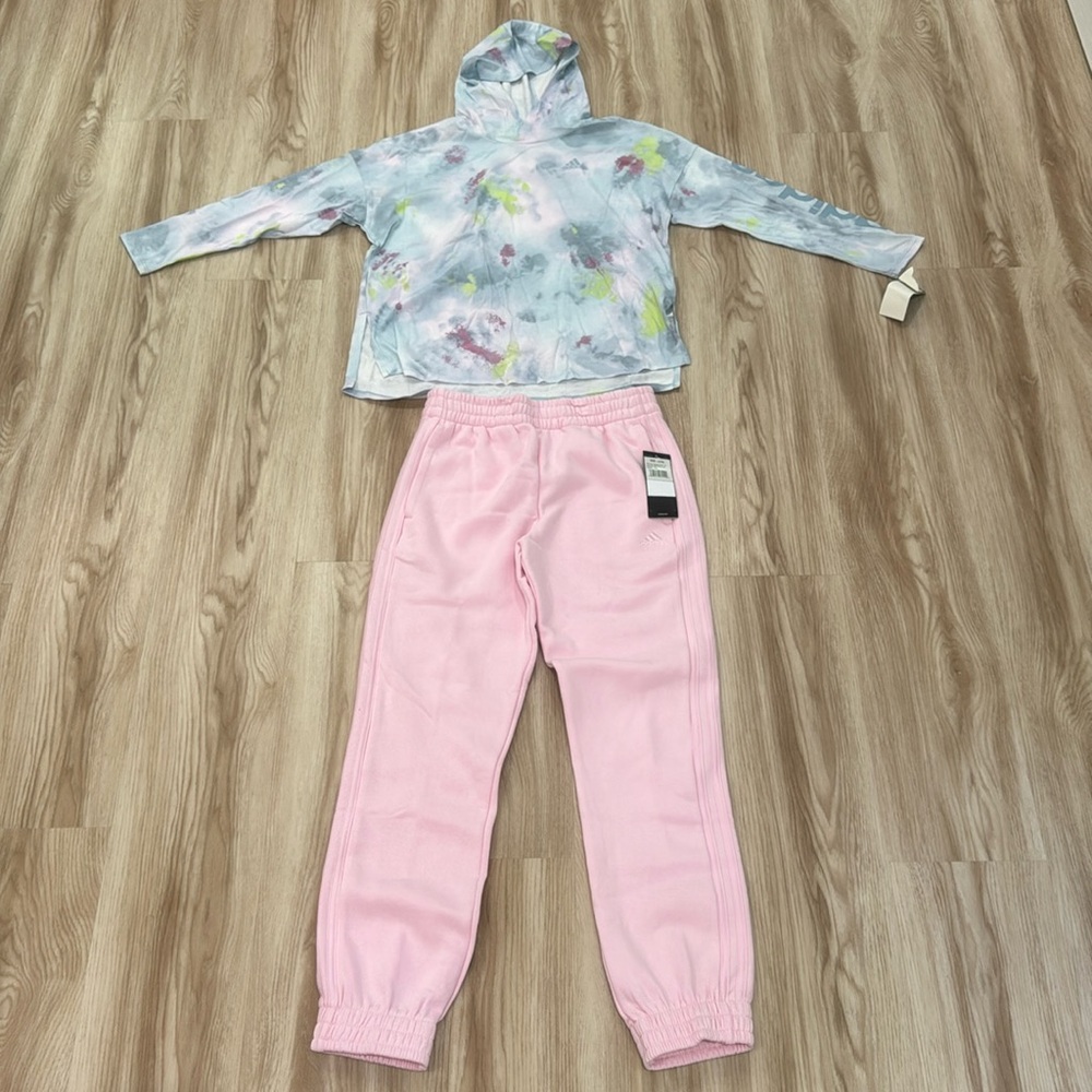 Adidas girls set size 14. Pink sweatpants and thin tie dye light blue hoodie